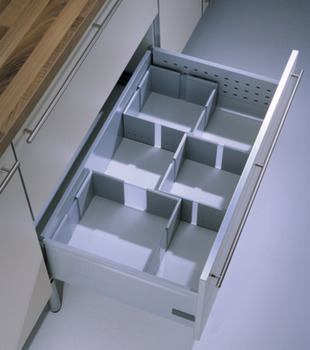 Inserție pentru recipient de depozitare alimente, pentru extensii de front și cutii de sertar interior cu reling