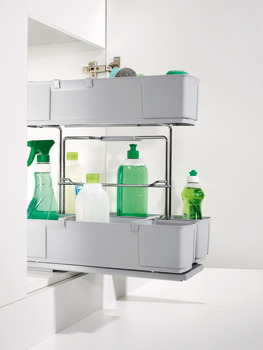 Sistem extractibil Kesseböhmer cleaningAGENT cu recipiente din plastic, organizare ustensile și agenți curățenie