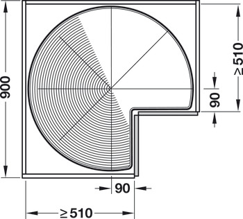 coș rotativ din sarma trei sferturi de cerc, dulap de colț, ușă 90°