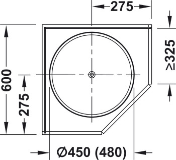 Feronerie rotativă de formă circulară, dulap superior, cu poliţe rotative, Uşă diagonală la 45°