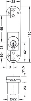 Încuietoare cu bară, Cu cilindru cu pini, Profil standard, Distanţa între placa frontală şi axa butucului 14 mm, Fără zăvor transversal