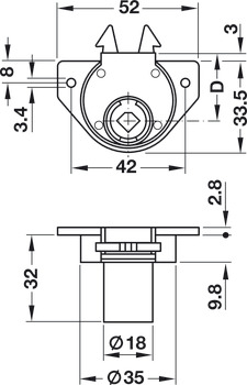 Încuietoare pentru rulouri, Symo, distanţa între placa frontală şi axa butucului 22 mm