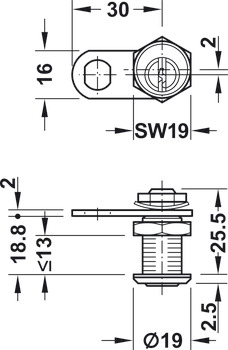 Zăvor, Cu cilindru cu pini, prindere cu piuliță, grosimea ușii ≤13 mm, la comandă