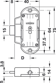 Încuietoare cu bară rotativă, cu prinzător, distanţa între placa frontală şi axa butucului 25 mm