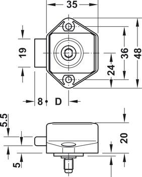 Broască pentru înșurubat cu zăvor cu arc, Push-Lock Mini, distanţa între placa frontală şi axa butucului 15 mm