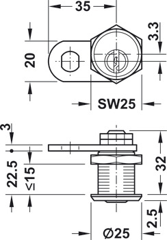 Zăvor, Cu cilindru cu pini, prindere cu piuliță, grosimea ușii ≤15 mm, sistem de închidere MK/GMK la comandă