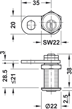 Zăvor, Cu cilindru cu pini, prindere cu piuliță, grosimea ușii ≤21 mm, sistem de închidere MK/GMK la comandă