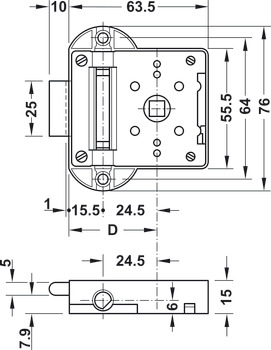 Încuietoare cu bară rotativă, sistem modular 24 mm, Standard-Nova, distanţa între placa frontală şi axa butucului 40 mm