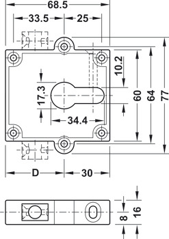 Încuietoare cu bară, PZ 60, distanţa între placa frontală şi axa butucului 38,5 sau 40 mm