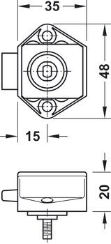 Broască pentru înșurubat cu zăvor cu arc, Push-Lock Mini, distanţa între placa frontală şi axa butucului 15 mm