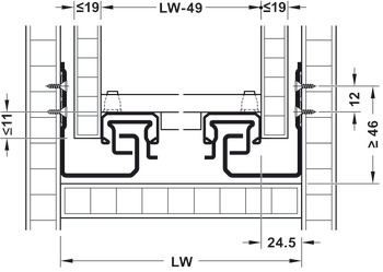 Glisiere sub sertar Häfele Matrix UM A30 Synchro 19 mm, extragere totală, pentru materiale cu grosime ≤ 19 mm, capacitate portantă 30 kg, oțel, cuplaje fixare sertar cu reglaj 3D